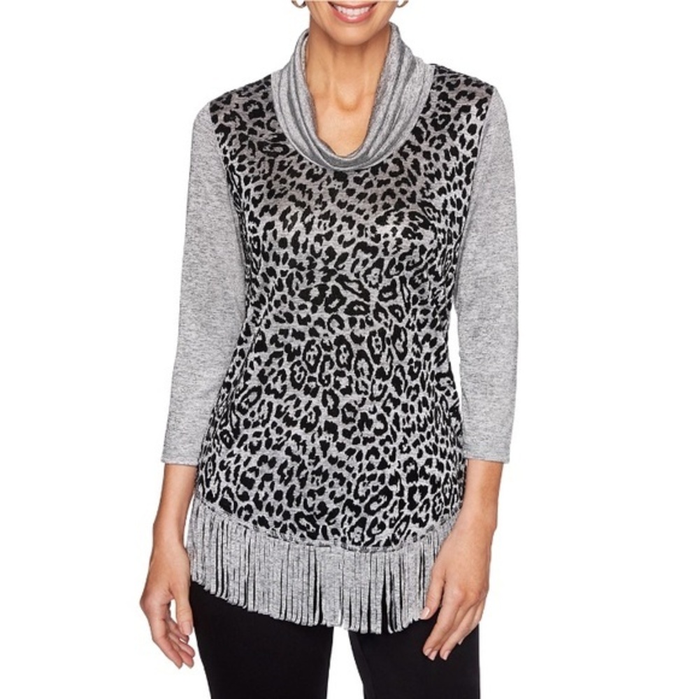 Ruby Rd. Fringe Leopard Print‎ Cowl Neck Top PM - Picture 1 of 11